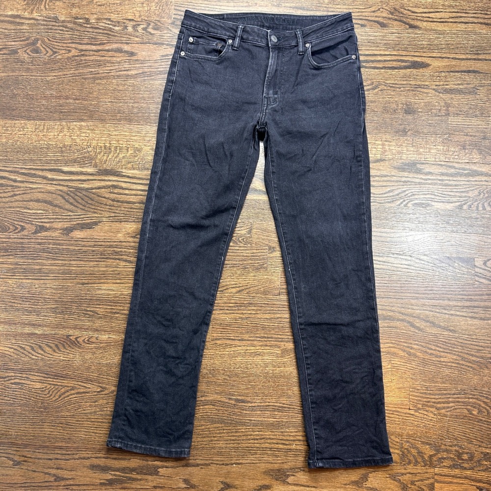 American Eagle Airflex+ Slim Straight Jeans Mens 33x32 Black Denim Faded